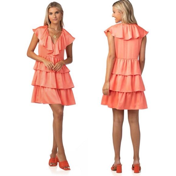 NEW Crosby By Mollie Burch Zuri Ruffled Tiered Mini Dress Size M Papaya Orange